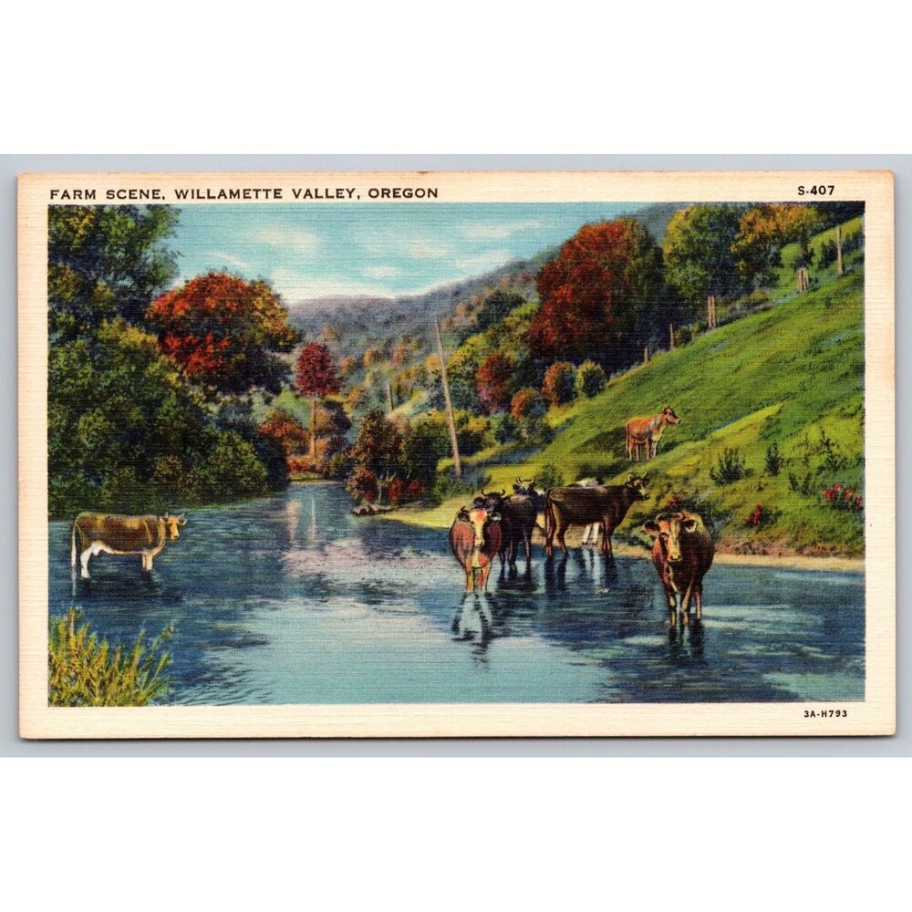 Vintage 1943 Oregon Postcard Farm Scene Willamette Valley Cows Curt Teich Linen